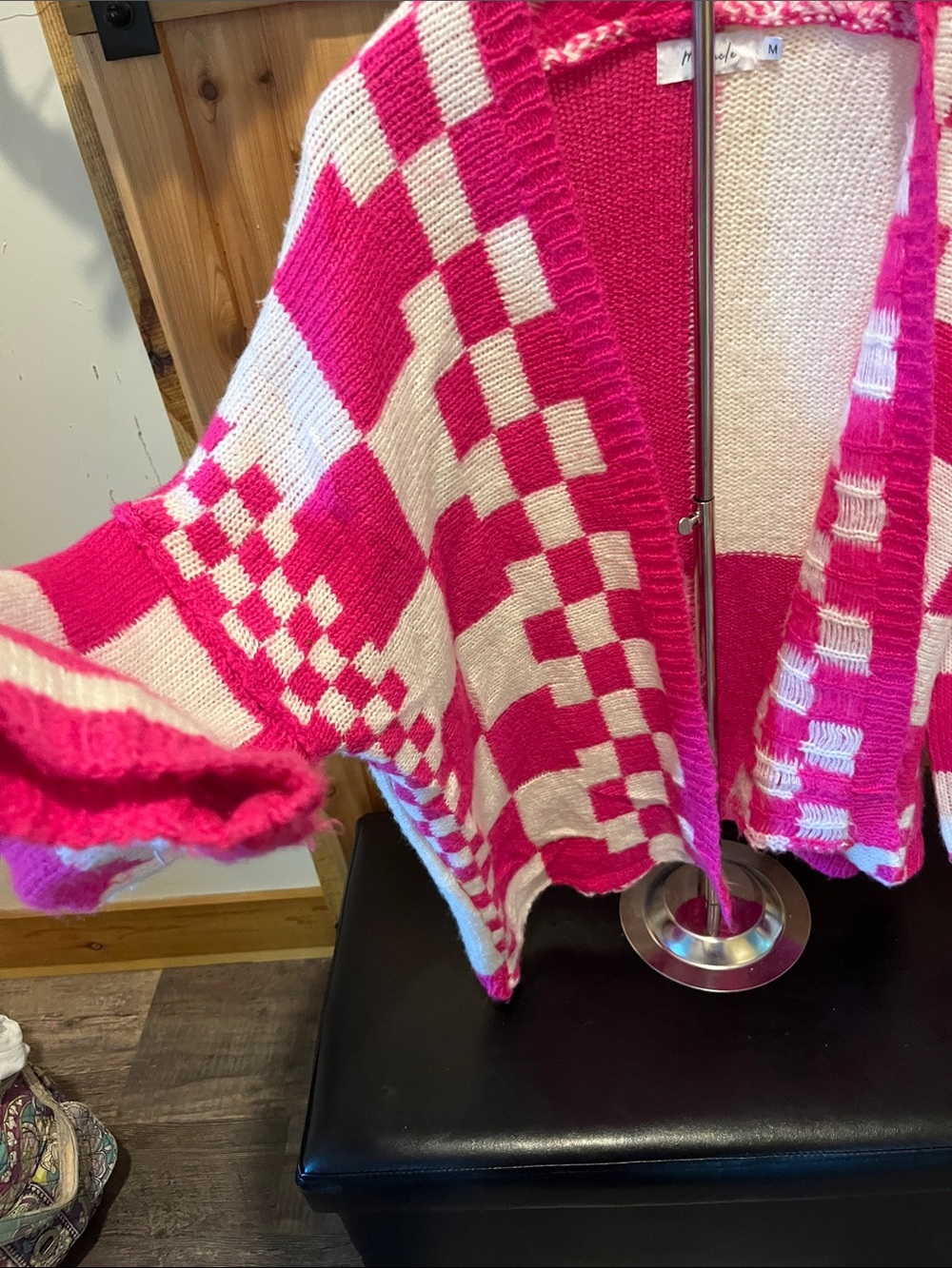 Miracle Hot Pink and White Checkerboard Open-Front Oversize Cardigan - Picture 3 of 7